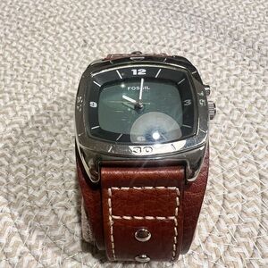 Fossil Silver Case Watch with Brown Leather Strap